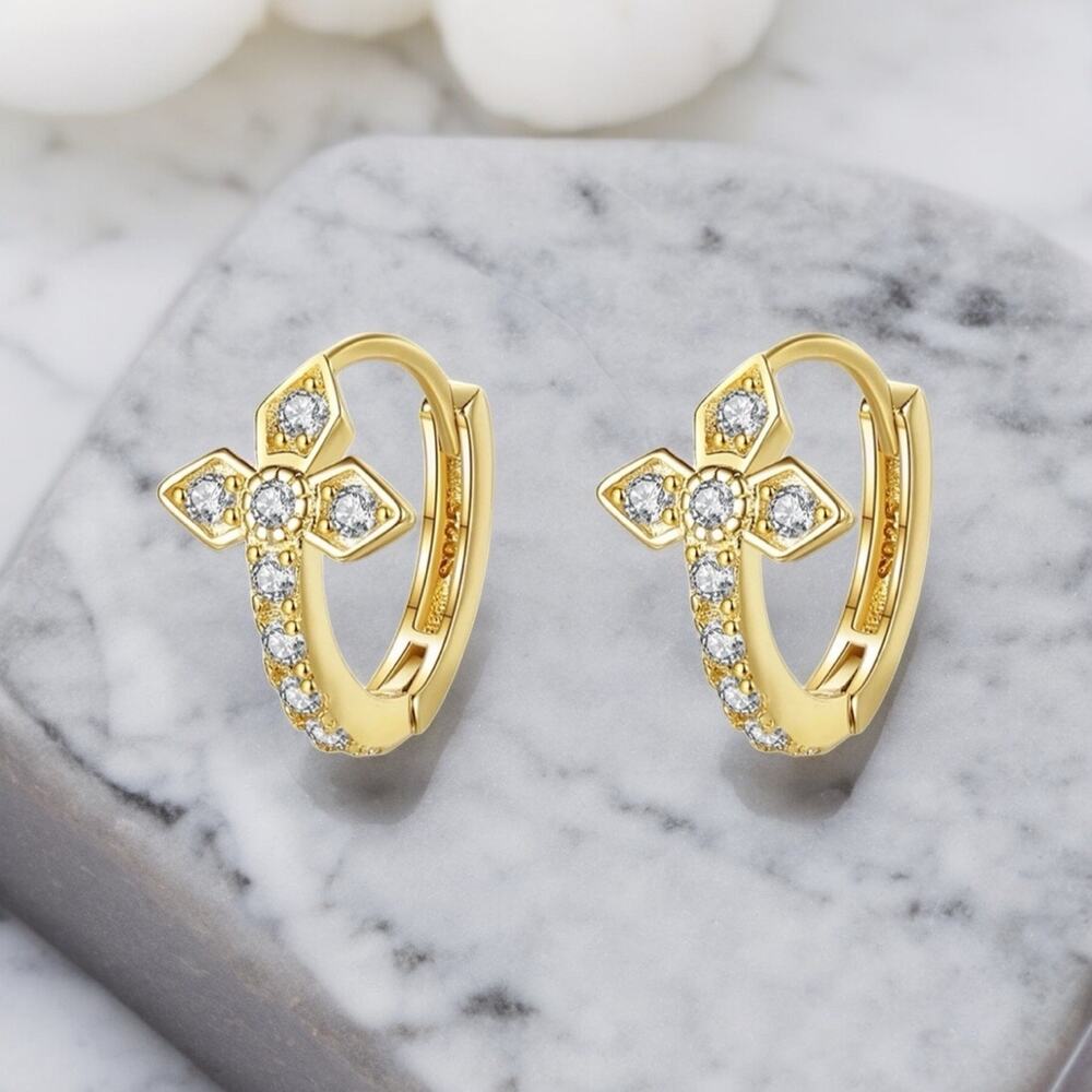 NEW 14K yellow gold pl over sterling silver CZ hoop cross earrings jewelry B5A - Picture 5 of 9